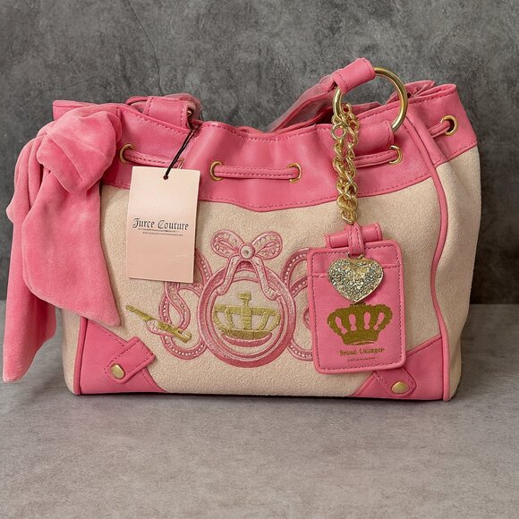 Juicy Couture Pink Velour Tote Bag NWT Crown Crest Bow Detail Y2K Shoulder Purse - Picture 1 of 7